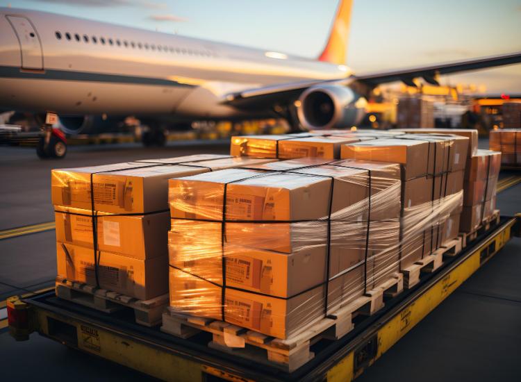 Packages on pallets by the side of an airplane